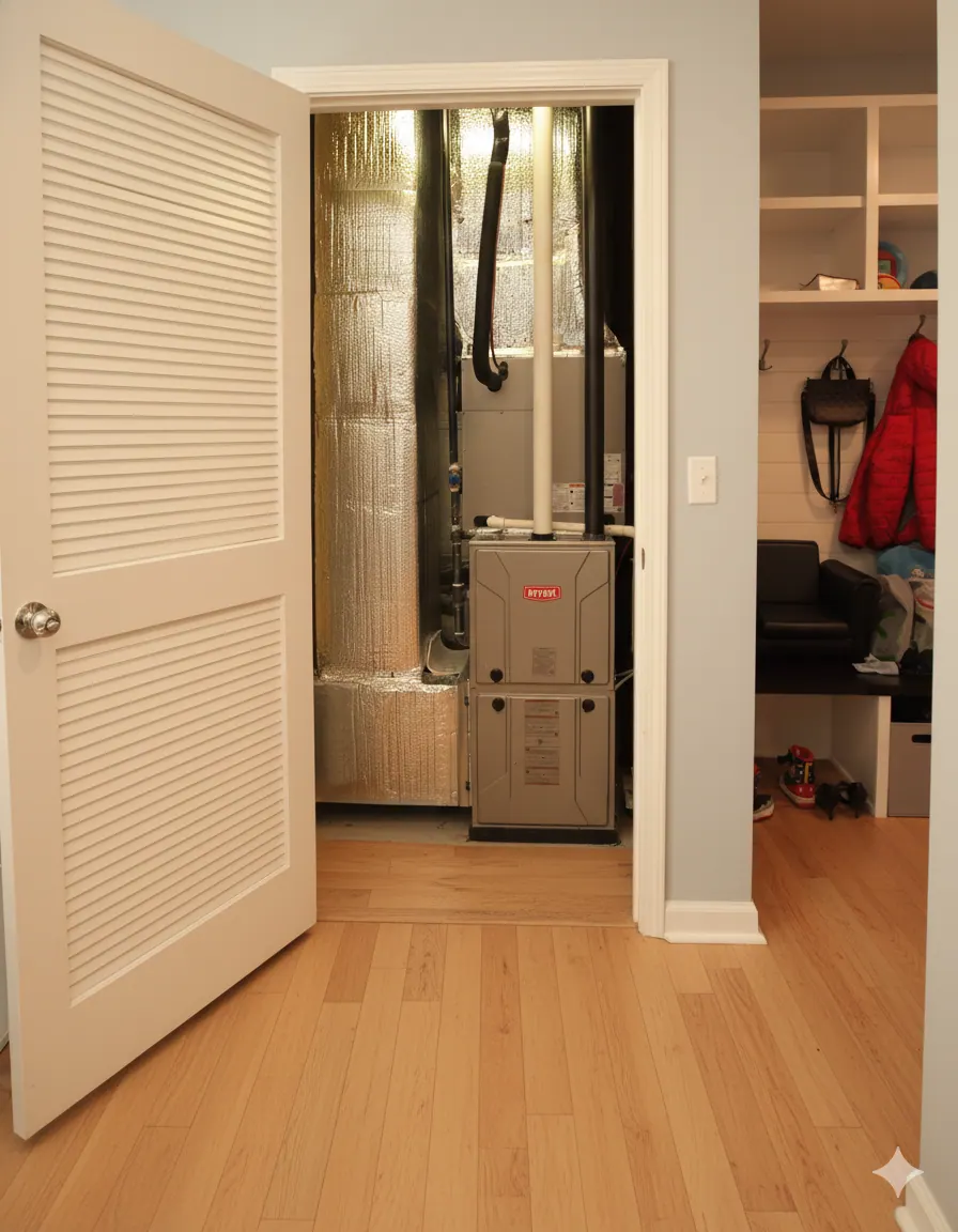 New Bryant furnace installed in a Massachusetts home closet