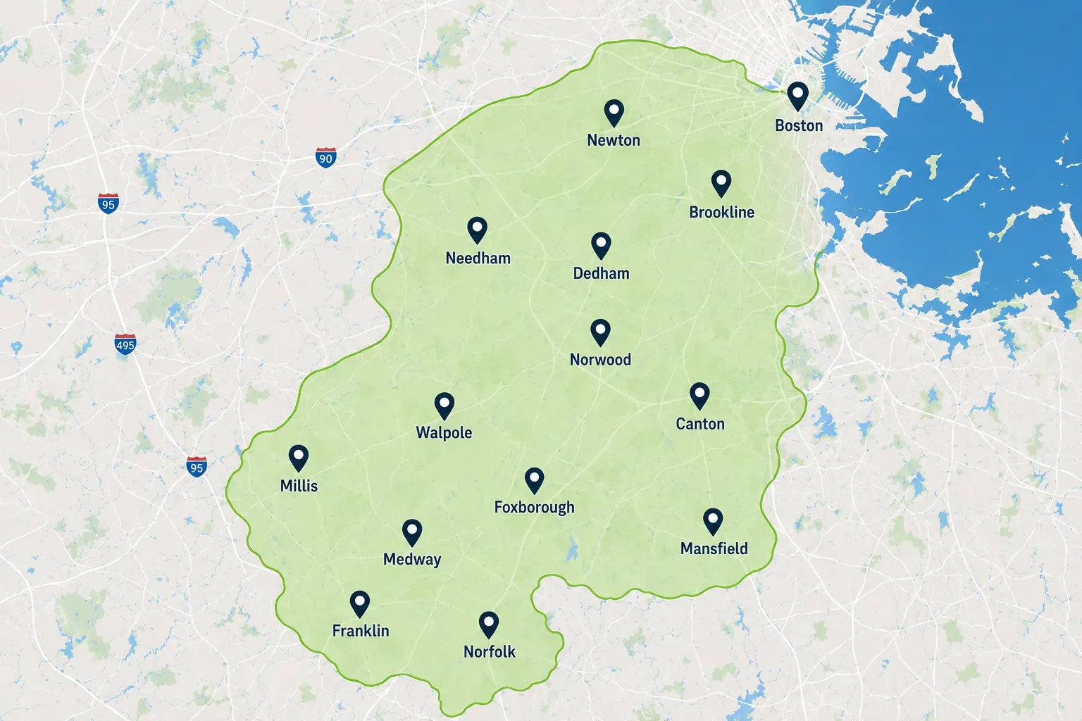 Map of MJ Pro Energy service area around Greater Boston